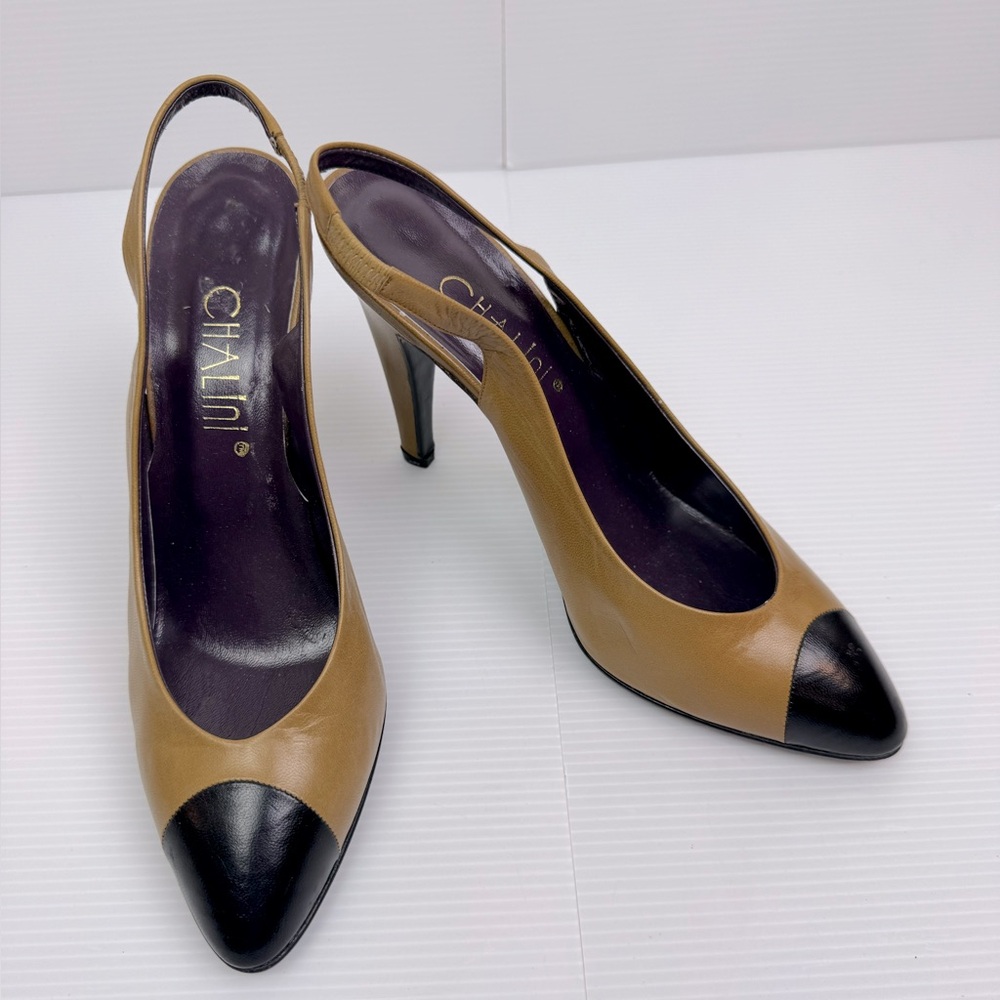 VTG Chalini 182 Italy Pumps Leather Bicolor Tan/ Black Women’s 7 1/2 Slingback